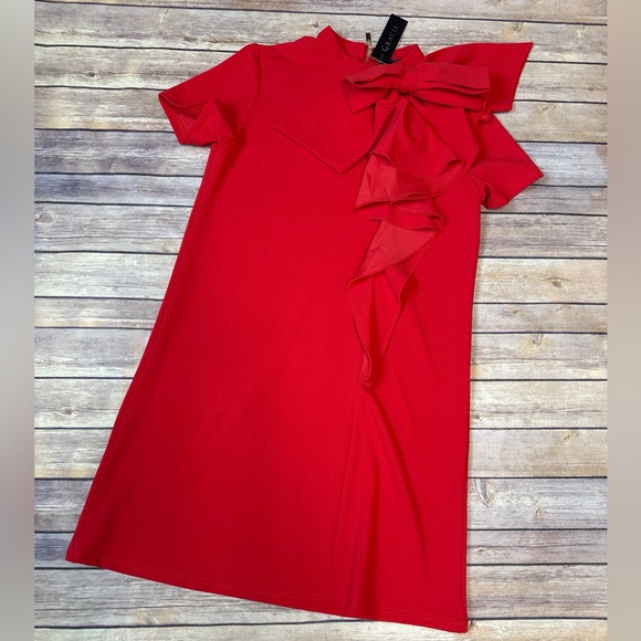 Gracia Women’s Big Shoulder Bow & Ruffles Shift Dress In Red Size S - Picture 2 of 6